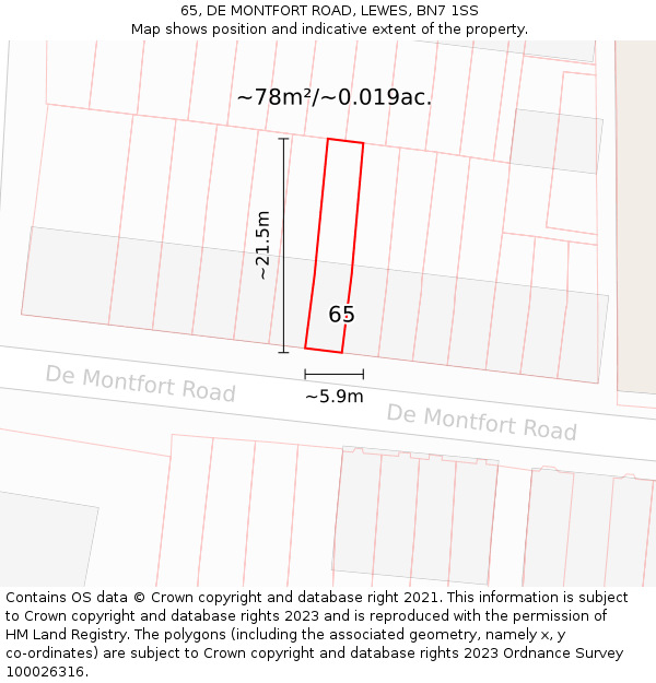 65, DE MONTFORT ROAD, LEWES, BN7 1SS: Plot and title map