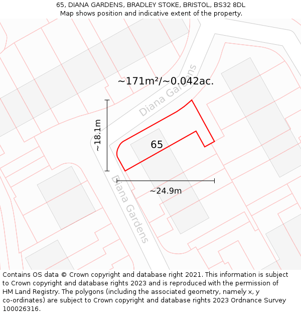 65, DIANA GARDENS, BRADLEY STOKE, BRISTOL, BS32 8DL: Plot and title map