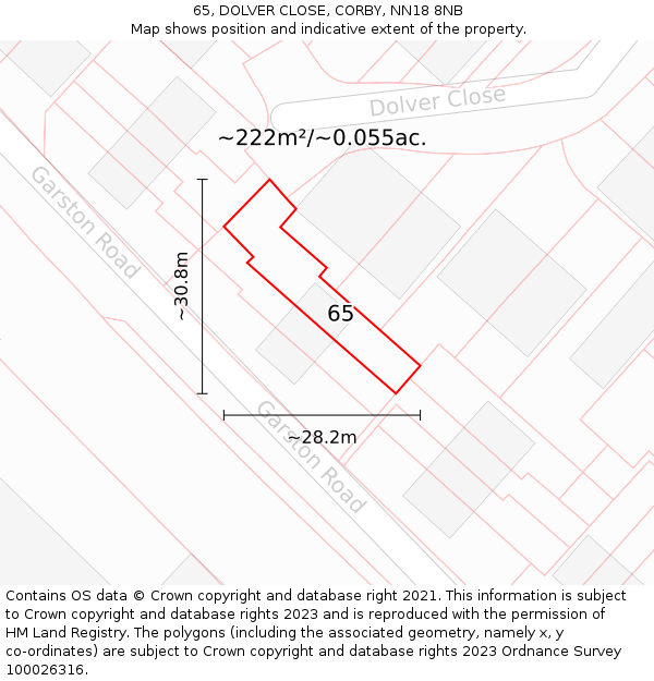 65, DOLVER CLOSE, CORBY, NN18 8NB: Plot and title map