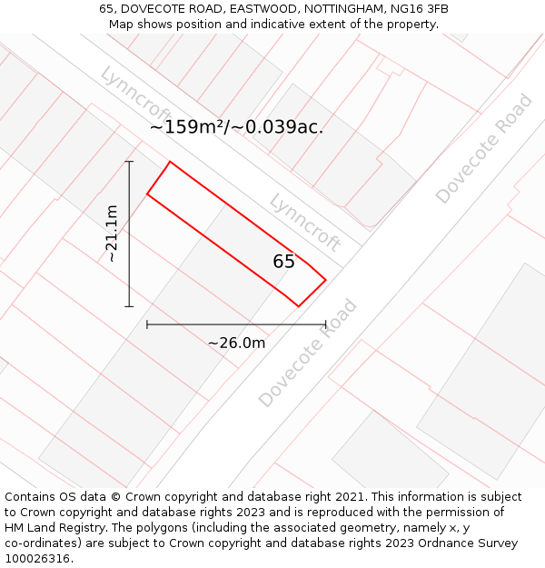 65, DOVECOTE ROAD, EASTWOOD, NOTTINGHAM, NG16 3FB: Plot and title map
