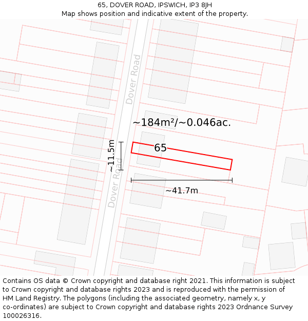 65, DOVER ROAD, IPSWICH, IP3 8JH: Plot and title map
