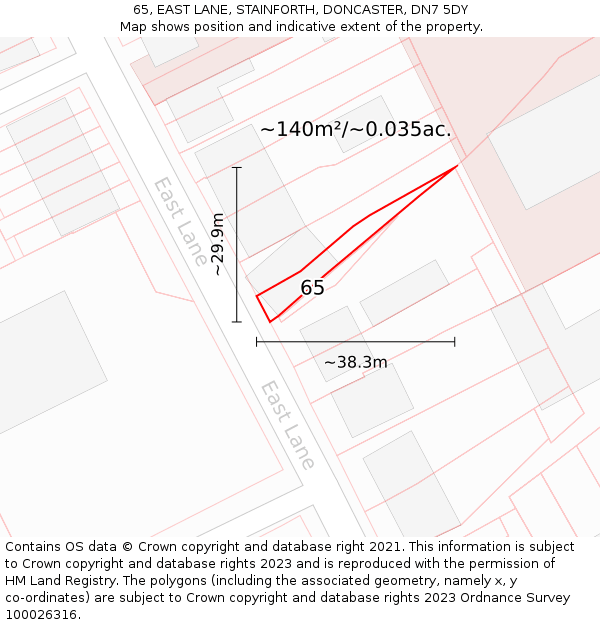 65, EAST LANE, STAINFORTH, DONCASTER, DN7 5DY: Plot and title map