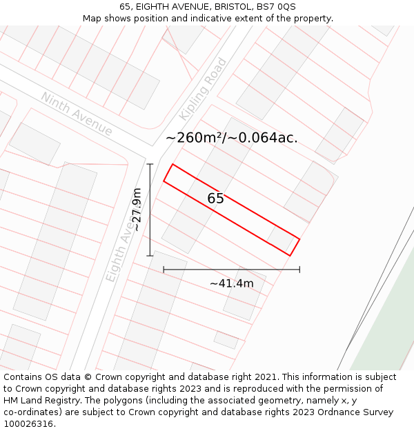 65, EIGHTH AVENUE, BRISTOL, BS7 0QS: Plot and title map