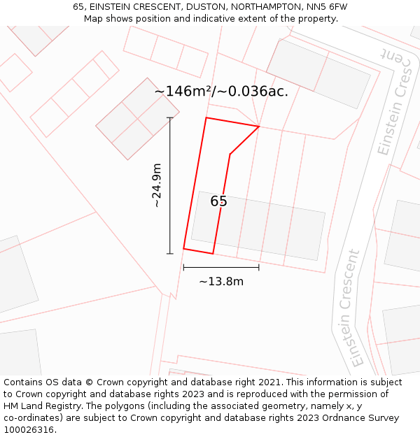 65, EINSTEIN CRESCENT, DUSTON, NORTHAMPTON, NN5 6FW: Plot and title map