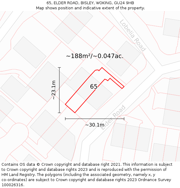 65, ELDER ROAD, BISLEY, WOKING, GU24 9HB: Plot and title map