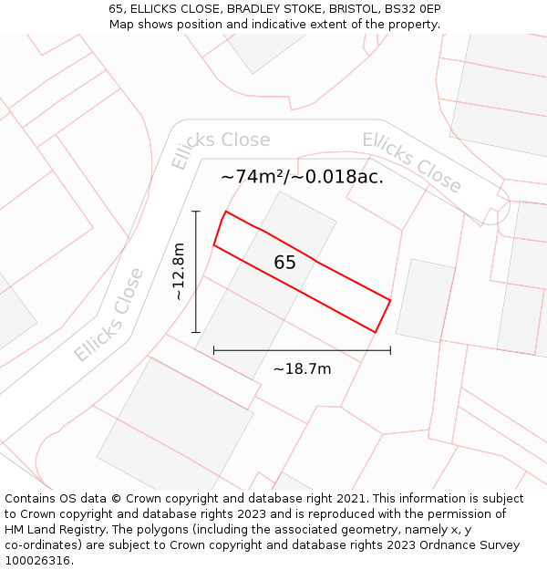 65, ELLICKS CLOSE, BRADLEY STOKE, BRISTOL, BS32 0EP: Plot and title map