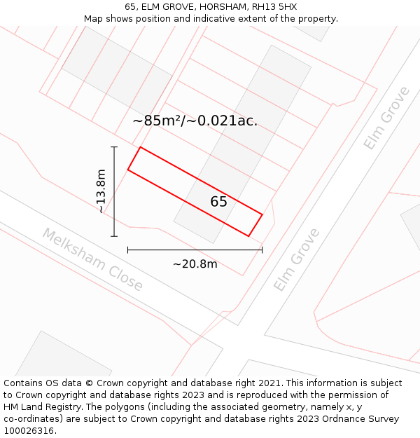 65, ELM GROVE, HORSHAM, RH13 5HX: Plot and title map