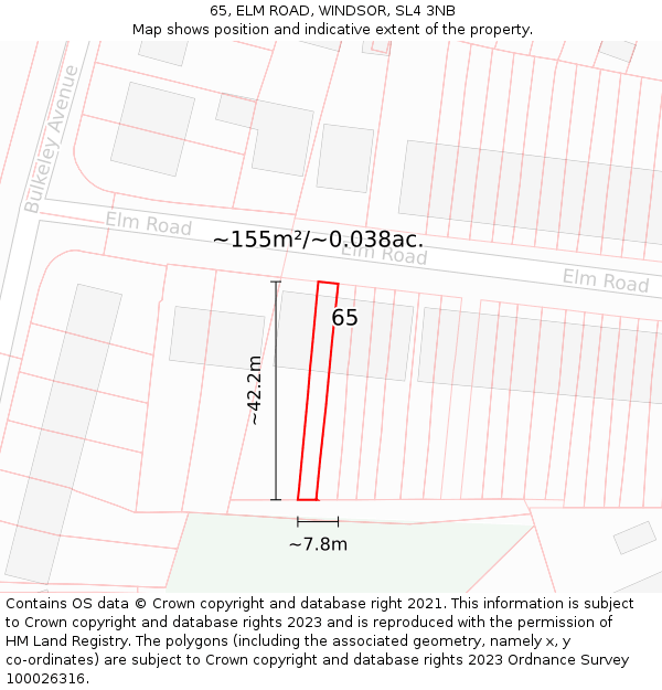 65, ELM ROAD, WINDSOR, SL4 3NB: Plot and title map