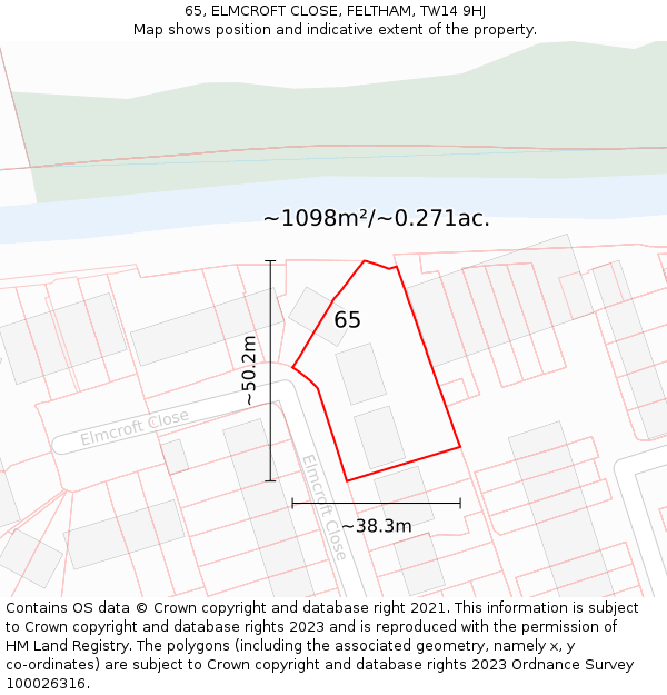 65, ELMCROFT CLOSE, FELTHAM, TW14 9HJ: Plot and title map