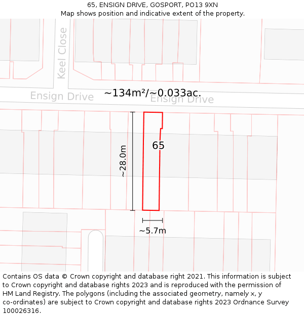 65, ENSIGN DRIVE, GOSPORT, PO13 9XN: Plot and title map