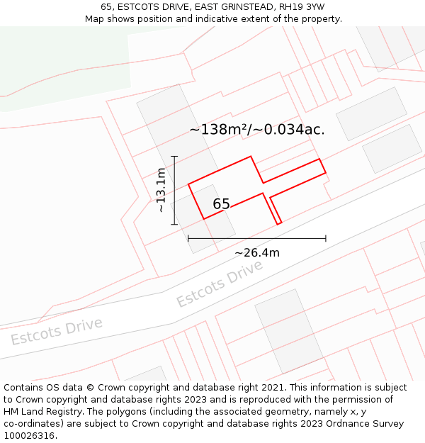 65, ESTCOTS DRIVE, EAST GRINSTEAD, RH19 3YW: Plot and title map