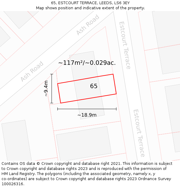 65, ESTCOURT TERRACE, LEEDS, LS6 3EY: Plot and title map