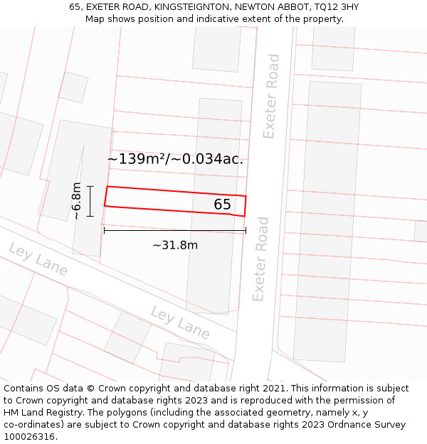 65, EXETER ROAD, KINGSTEIGNTON, NEWTON ABBOT, TQ12 3HY: Plot and title map