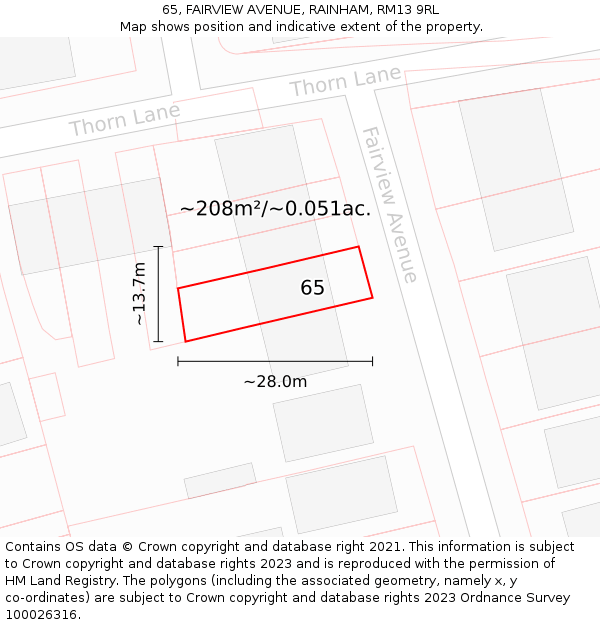 65, FAIRVIEW AVENUE, RAINHAM, RM13 9RL: Plot and title map