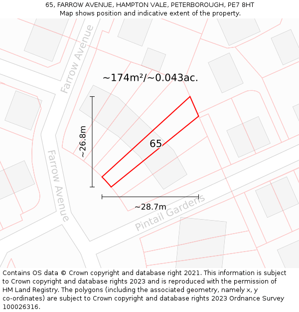 65, FARROW AVENUE, HAMPTON VALE, PETERBOROUGH, PE7 8HT: Plot and title map