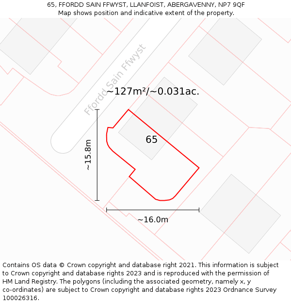 65, FFORDD SAIN FFWYST, LLANFOIST, ABERGAVENNY, NP7 9QF: Plot and title map