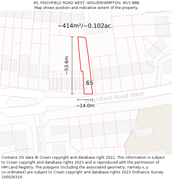 65, FINCHFIELD ROAD WEST, WOLVERHAMPTON, WV3 8BB: Plot and title map