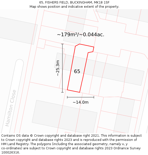 65, FISHERS FIELD, BUCKINGHAM, MK18 1SF: Plot and title map