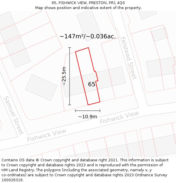 65, FISHWICK VIEW, PRESTON, PR1 4QS: Plot and title map