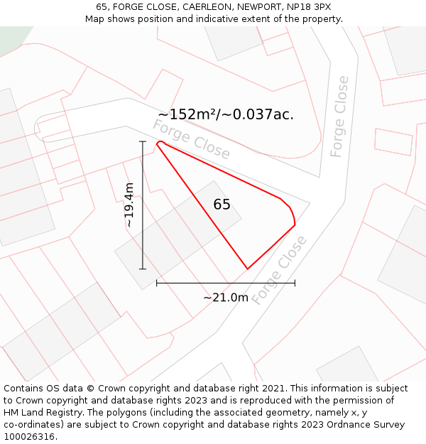 65, FORGE CLOSE, CAERLEON, NEWPORT, NP18 3PX: Plot and title map