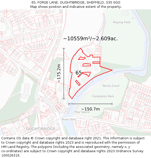 65, FORGE LANE, OUGHTIBRIDGE, SHEFFIELD, S35 0GG: Plot and title map
