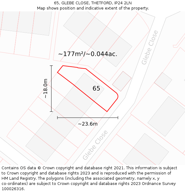 65, GLEBE CLOSE, THETFORD, IP24 2LN: Plot and title map