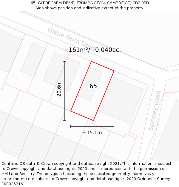 65, GLEBE FARM DRIVE, TRUMPINGTON, CAMBRIDGE, CB2 9PB: Plot and title map
