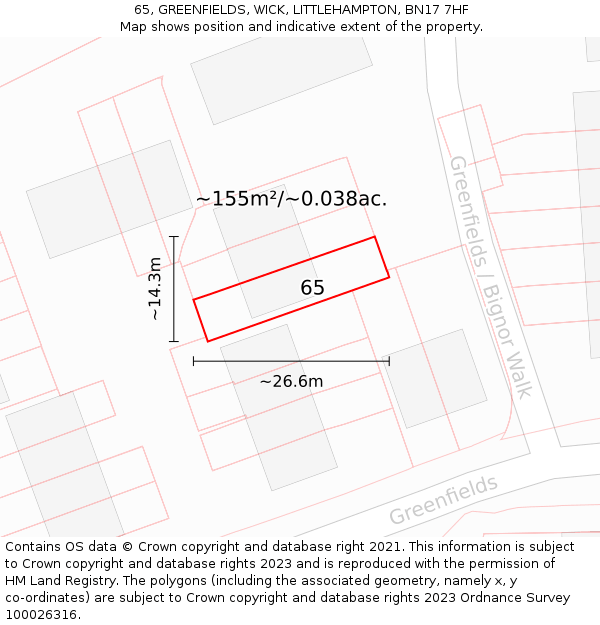 65, GREENFIELDS, WICK, LITTLEHAMPTON, BN17 7HF: Plot and title map
