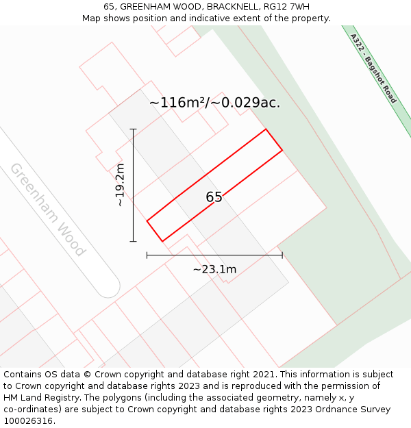 65, GREENHAM WOOD, BRACKNELL, RG12 7WH: Plot and title map