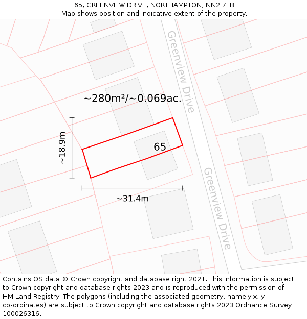 65, GREENVIEW DRIVE, NORTHAMPTON, NN2 7LB: Plot and title map