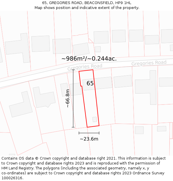 65, GREGORIES ROAD, BEACONSFIELD, HP9 1HL: Plot and title map