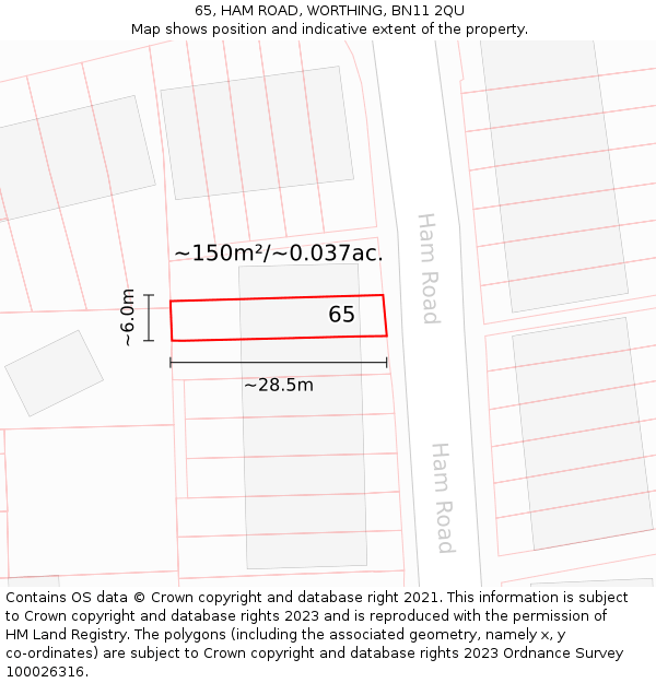 65, HAM ROAD, WORTHING, BN11 2QU: Plot and title map