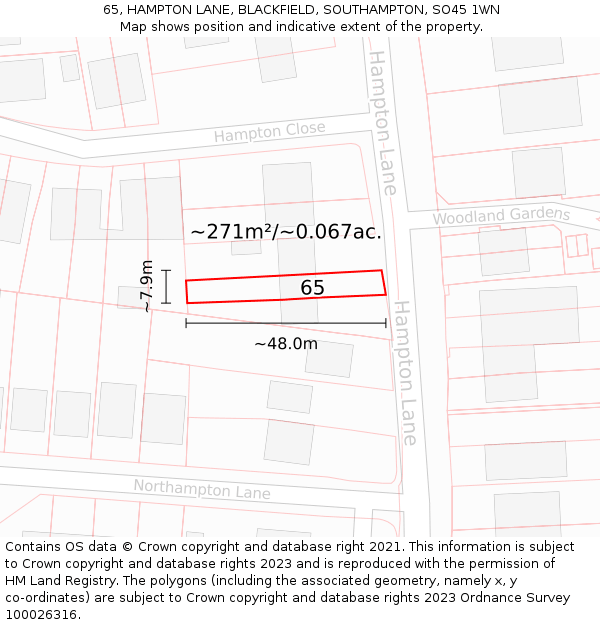 65, HAMPTON LANE, BLACKFIELD, SOUTHAMPTON, SO45 1WN: Plot and title map