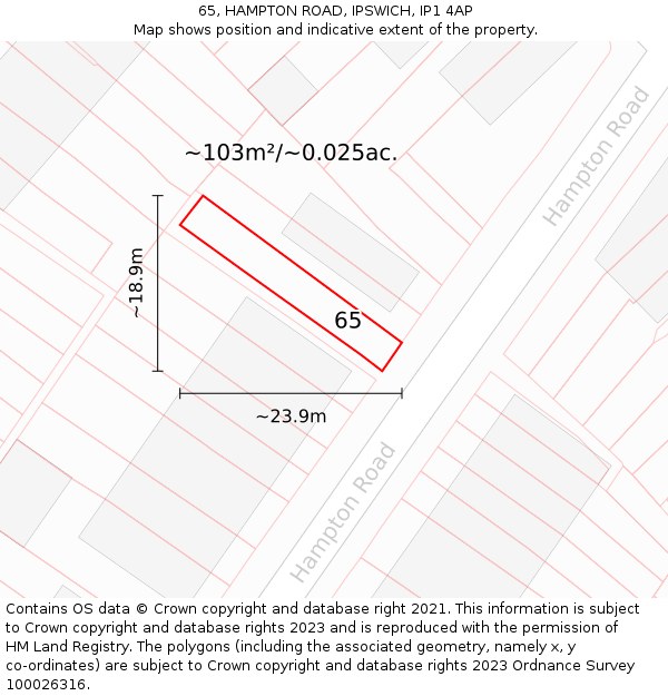 65, HAMPTON ROAD, IPSWICH, IP1 4AP: Plot and title map