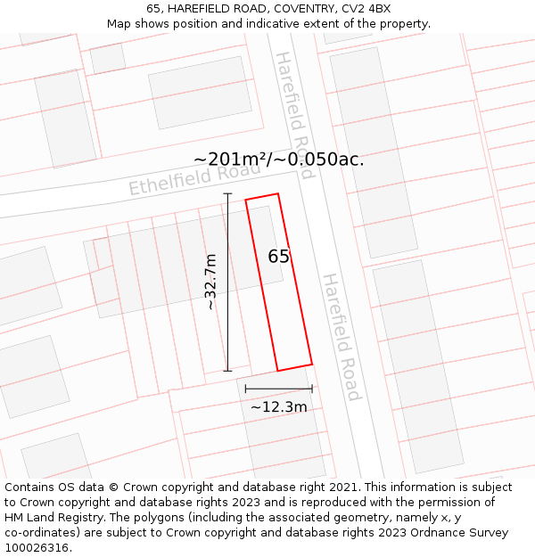 65, HAREFIELD ROAD, COVENTRY, CV2 4BX: Plot and title map