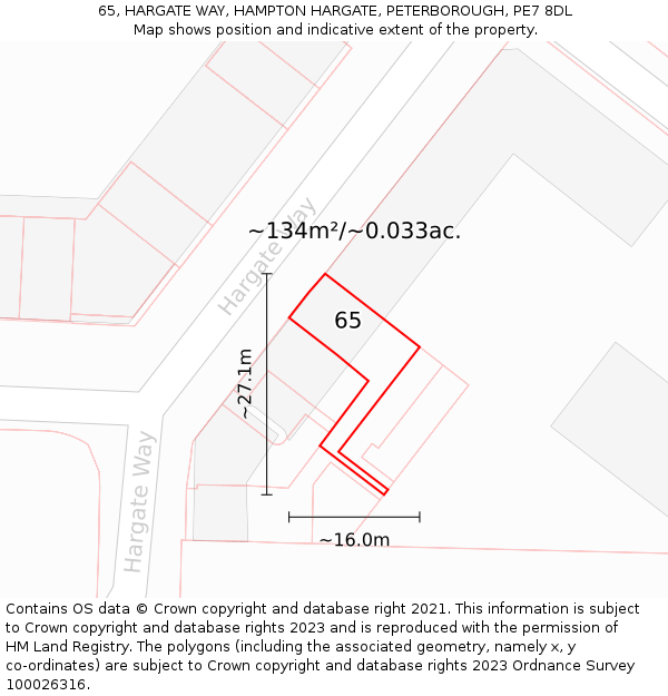 65, HARGATE WAY, HAMPTON HARGATE, PETERBOROUGH, PE7 8DL: Plot and title map