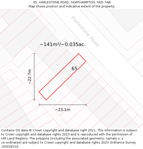 65, HARLESTONE ROAD, NORTHAMPTON, NN5 7AB: Plot and title map