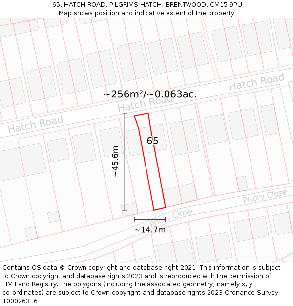 65, HATCH ROAD, PILGRIMS HATCH, BRENTWOOD, CM15 9PU: Plot and title map