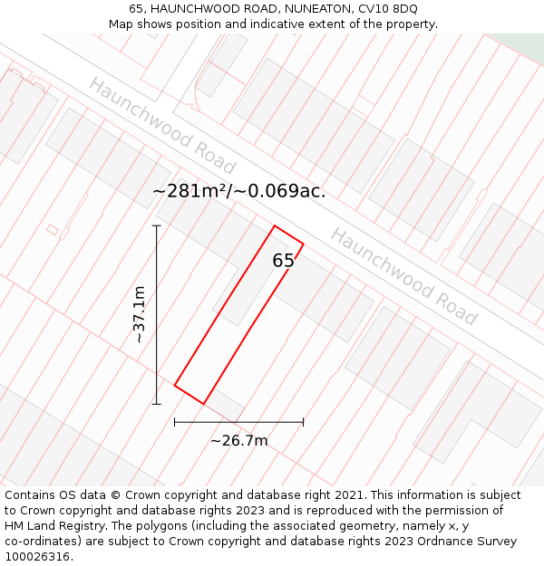 65, HAUNCHWOOD ROAD, NUNEATON, CV10 8DQ: Plot and title map