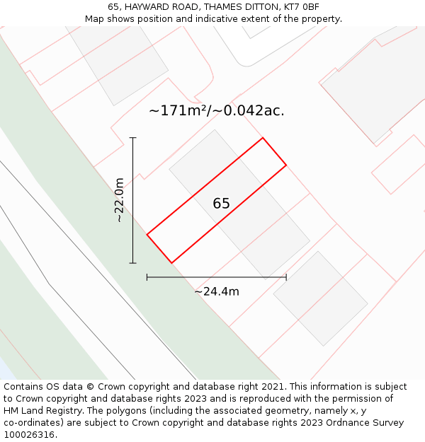 65, HAYWARD ROAD, THAMES DITTON, KT7 0BF: Plot and title map
