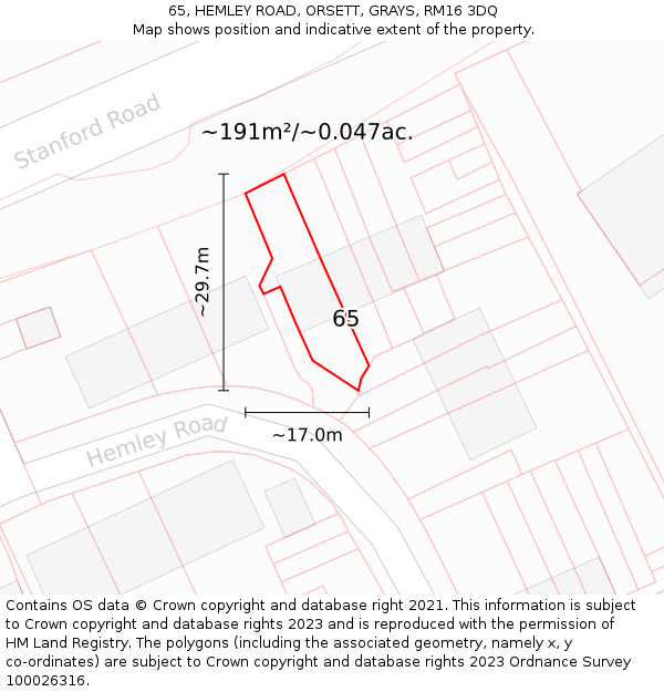 65, HEMLEY ROAD, ORSETT, GRAYS, RM16 3DQ: Plot and title map