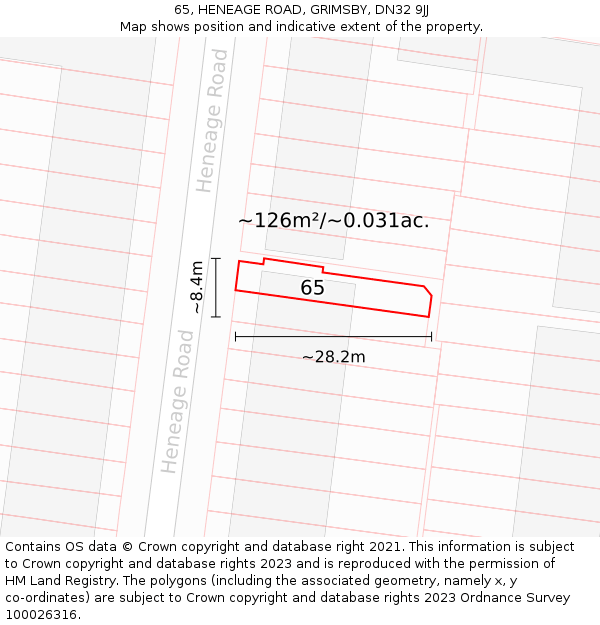 65, HENEAGE ROAD, GRIMSBY, DN32 9JJ: Plot and title map