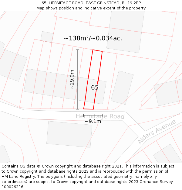 65, HERMITAGE ROAD, EAST GRINSTEAD, RH19 2BP: Plot and title map