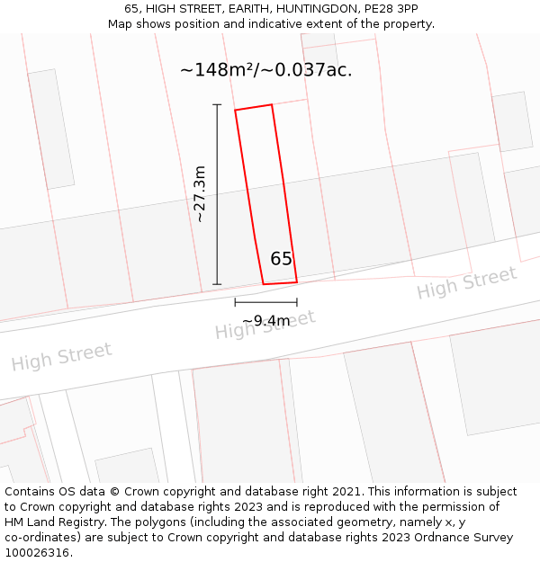65, HIGH STREET, EARITH, HUNTINGDON, PE28 3PP: Plot and title map