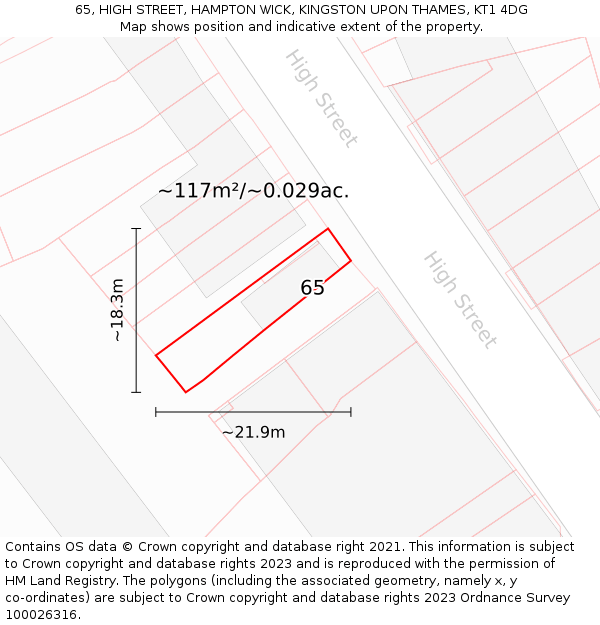 65, HIGH STREET, HAMPTON WICK, KINGSTON UPON THAMES, KT1 4DG: Plot and title map