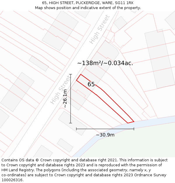 65, HIGH STREET, PUCKERIDGE, WARE, SG11 1RX: Plot and title map