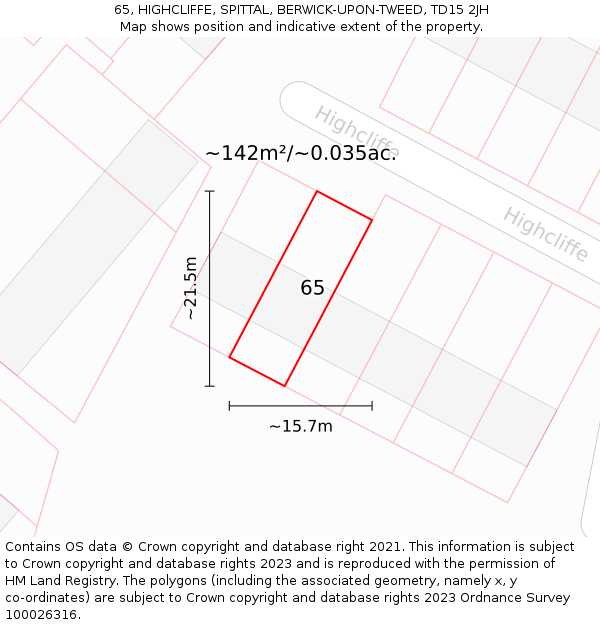 65, HIGHCLIFFE, SPITTAL, BERWICK-UPON-TWEED, TD15 2JH: Plot and title map