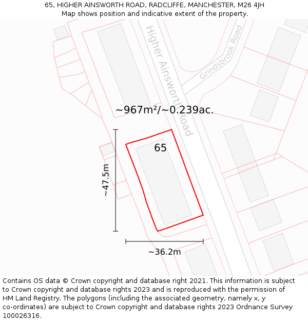 65, HIGHER AINSWORTH ROAD, RADCLIFFE, MANCHESTER, M26 4JH: Plot and title map