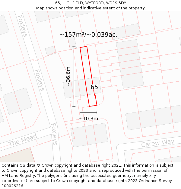 65, HIGHFIELD, WATFORD, WD19 5DY: Plot and title map