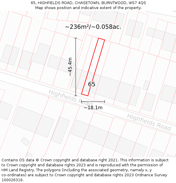 65, HIGHFIELDS ROAD, CHASETOWN, BURNTWOOD, WS7 4QS: Plot and title map